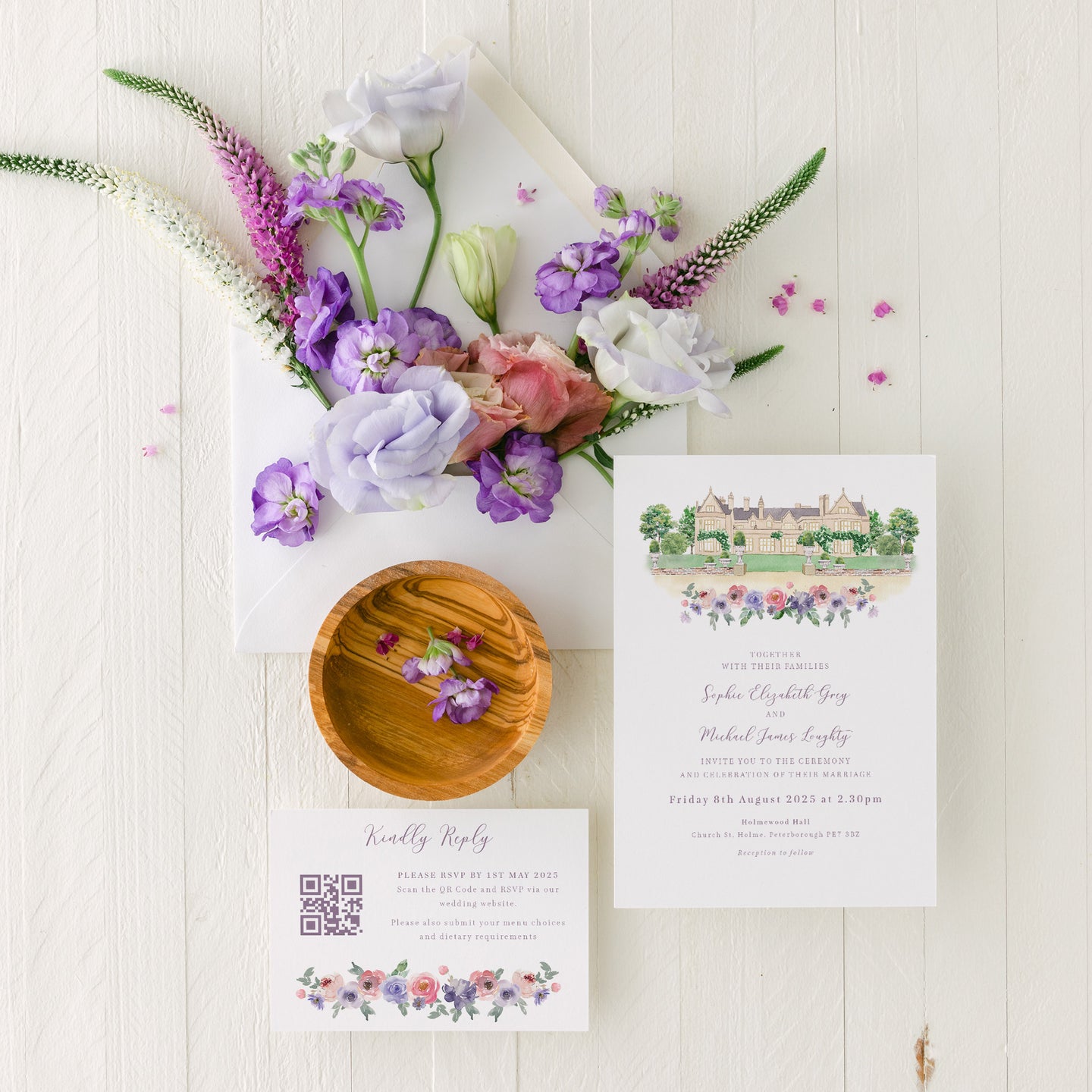 lavender wedding invitation set with custom venue illustration and envelope liner